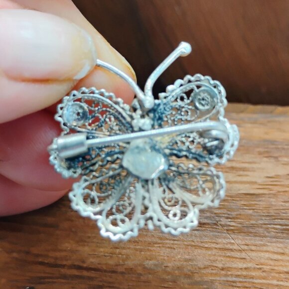 Vintage Sterling Silver Filigree Butterfly Brooch Pin - Picture 4 of 5